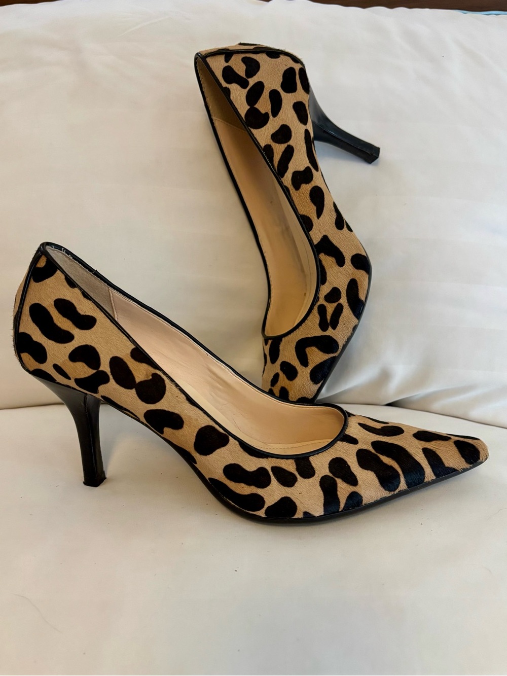 Calvin Klein Dolly Leopard-Print Pointed-Toe Pumps in Tan and Black Mohair